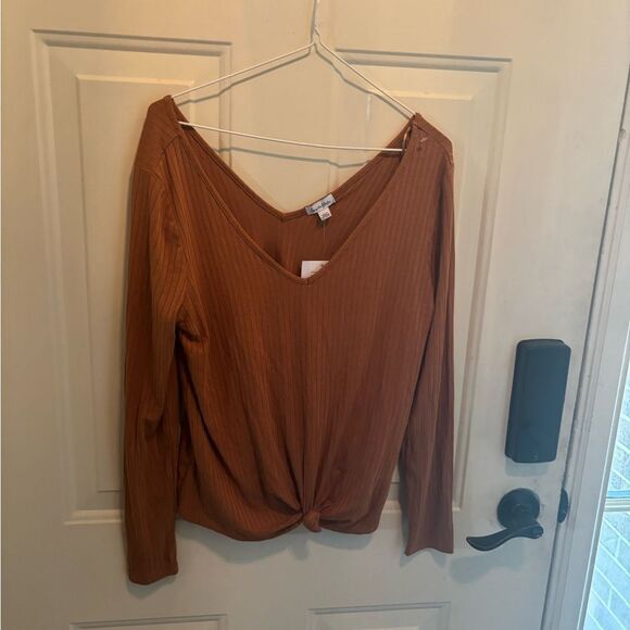Anthropologie Love, Fire Double V neck Caramel Knit Top - Picture 6 of 6